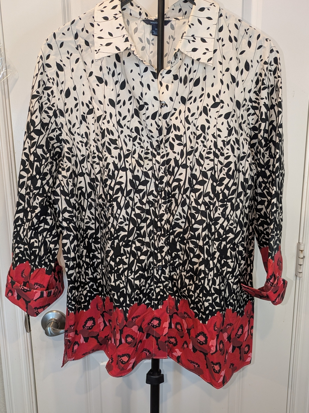 Westbound XL Poppy Floral Botanical Button Down Shirt 100% Cotton Black Red